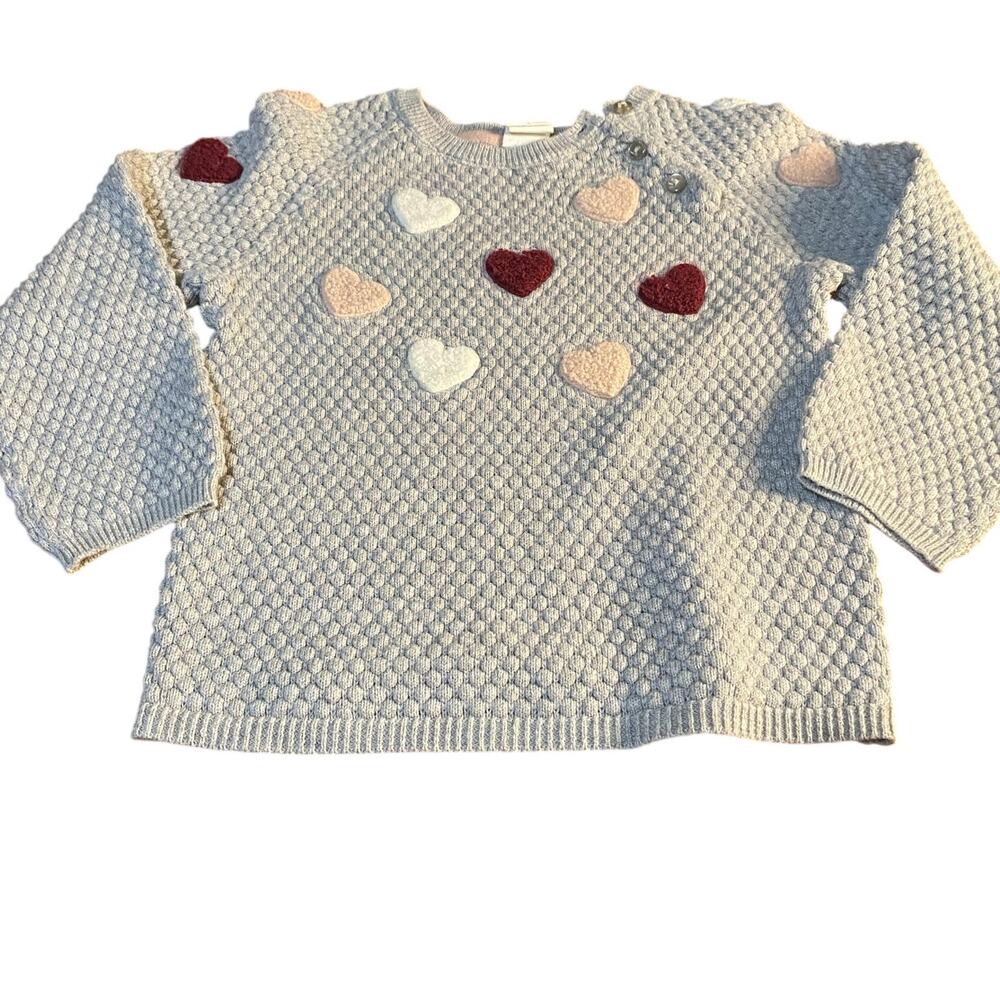 H&M light gray‎ popcorn knit heart embroidered crew sweater SIZE 12-18M